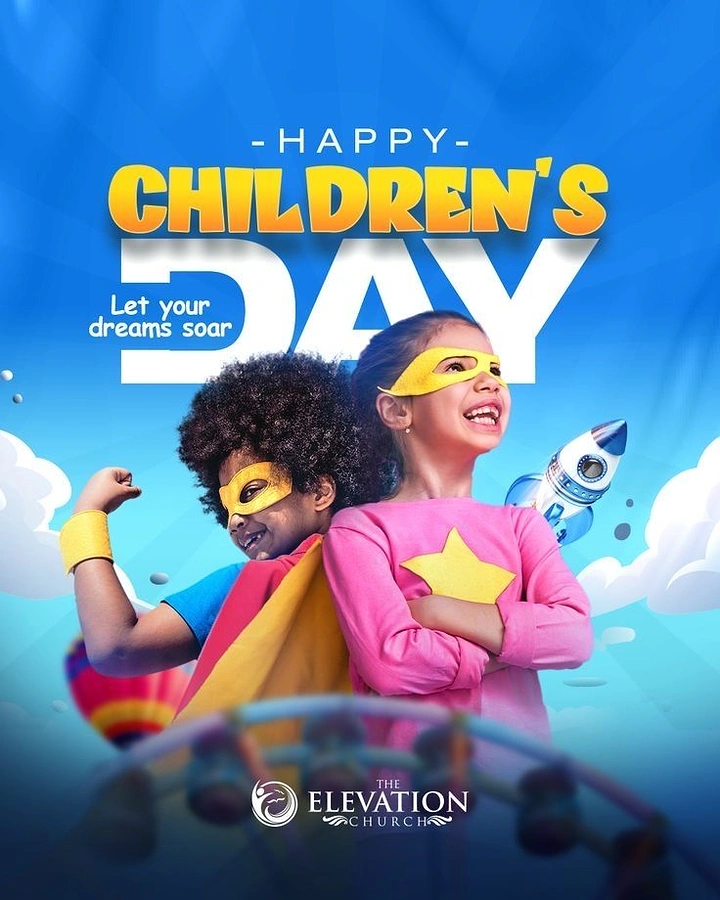Children's Day creative ad: Two kids in superhero masks and capes posing back to back