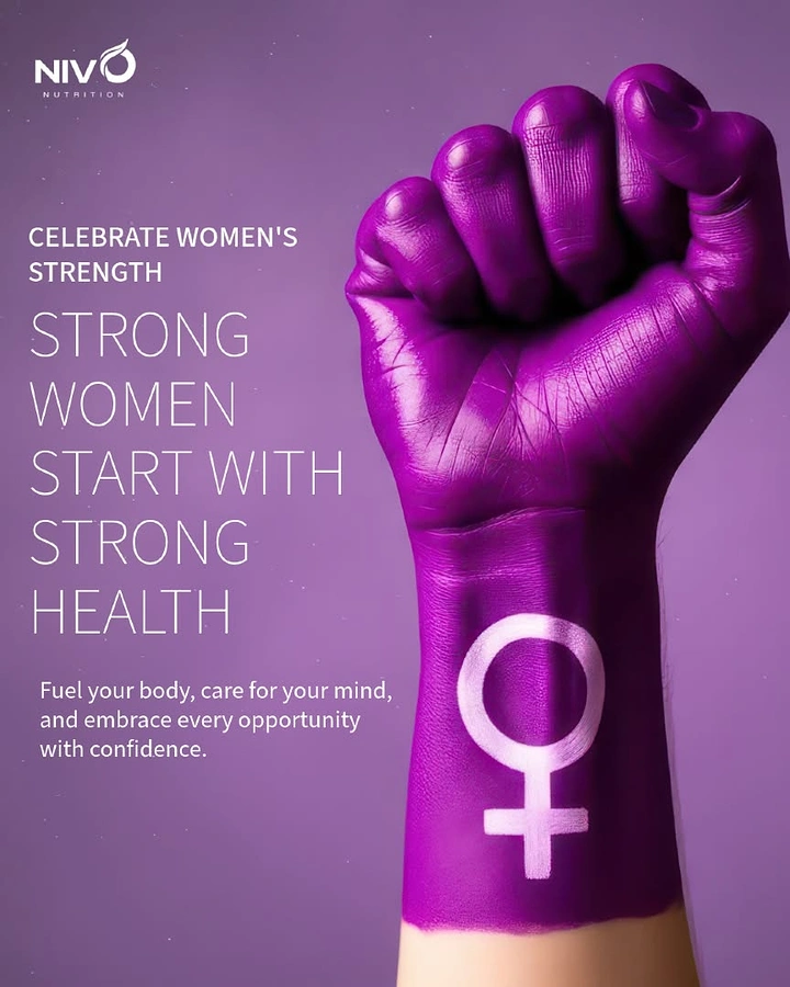 Women's Day creative ad: Raised fist painted purple with a white female symbol on the wrist