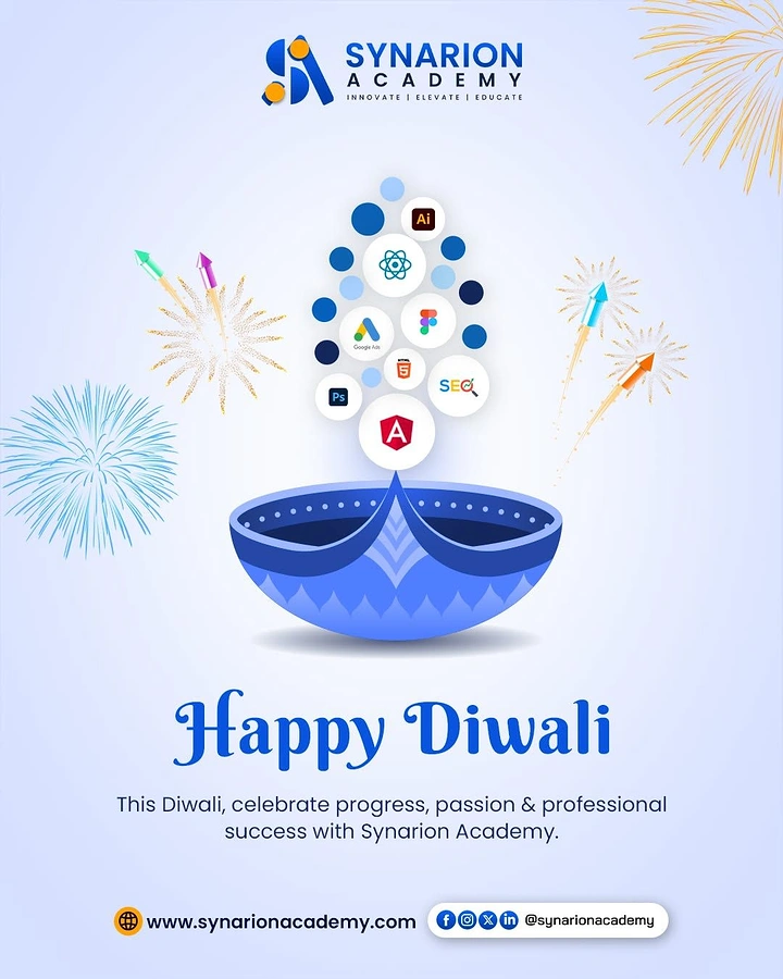 Diwali creative ad: Blue diya emitting a flame of tech-tool icons