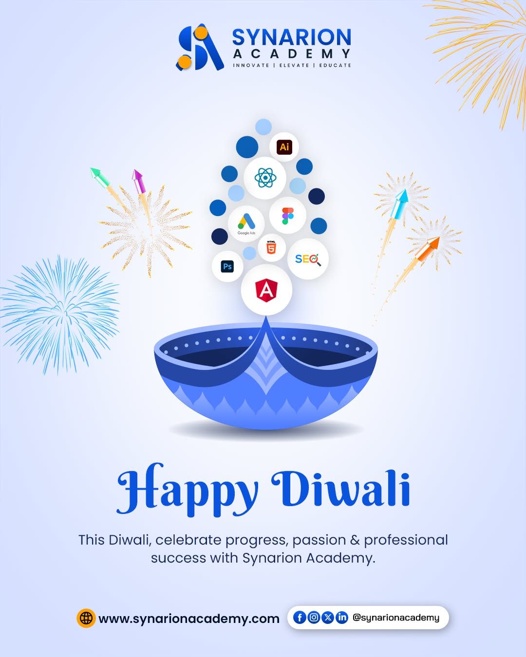 Diwali Instagram post: Blue diya emitting a flame of tech-tool icons