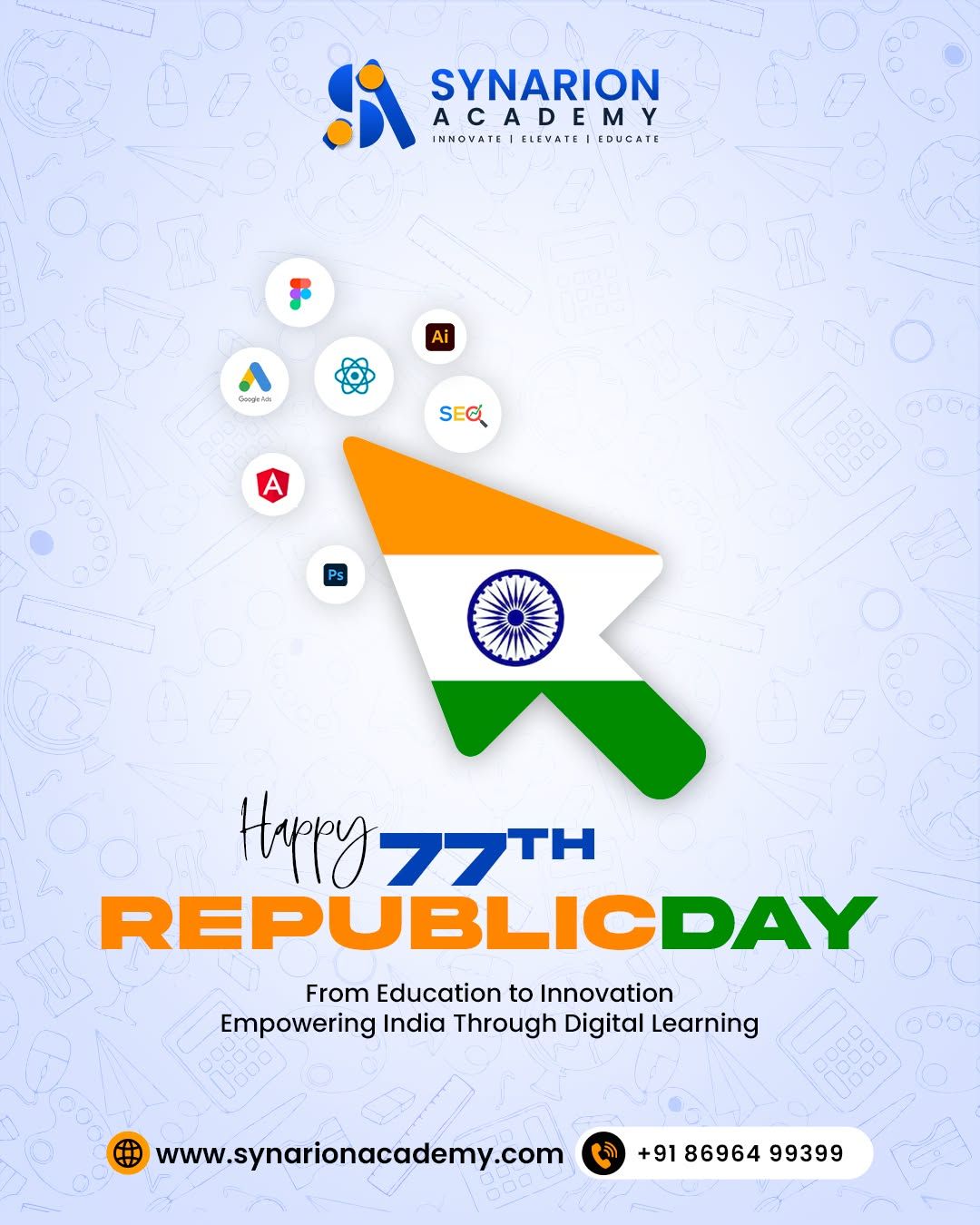 Republic Day Instagram post: 3D mouse cursor in Indian tricolour with floating tech tool icons