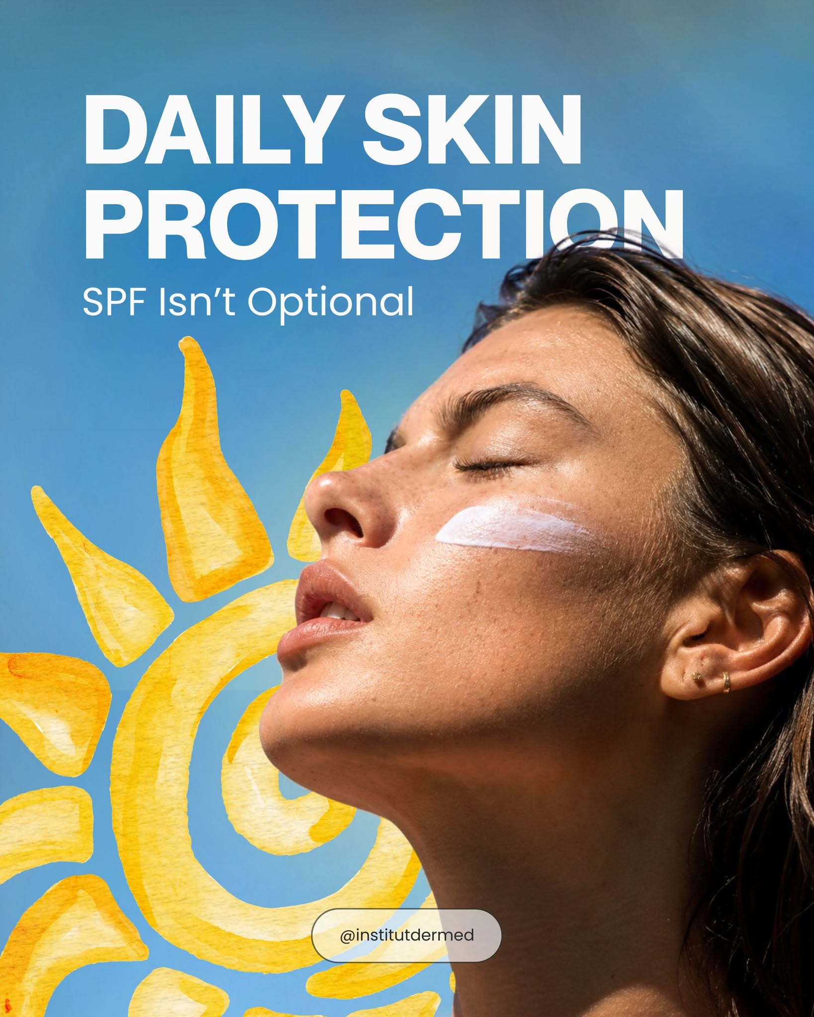 Instagram post: Painted sun behind sunscreen-streaked face, slide 1