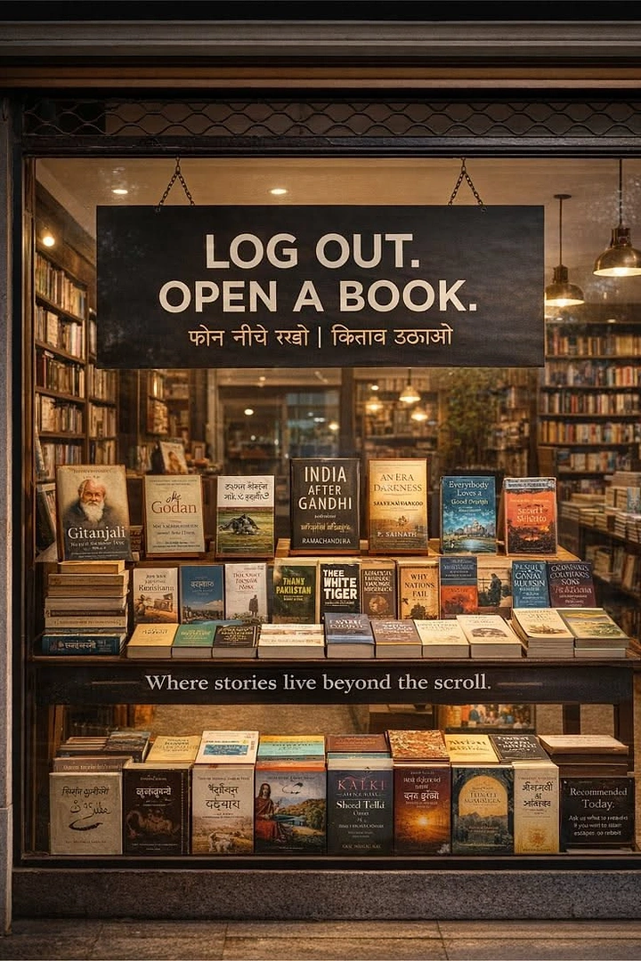 Bookstores creative ad: Log out, open a book: witty anti-scroll copy