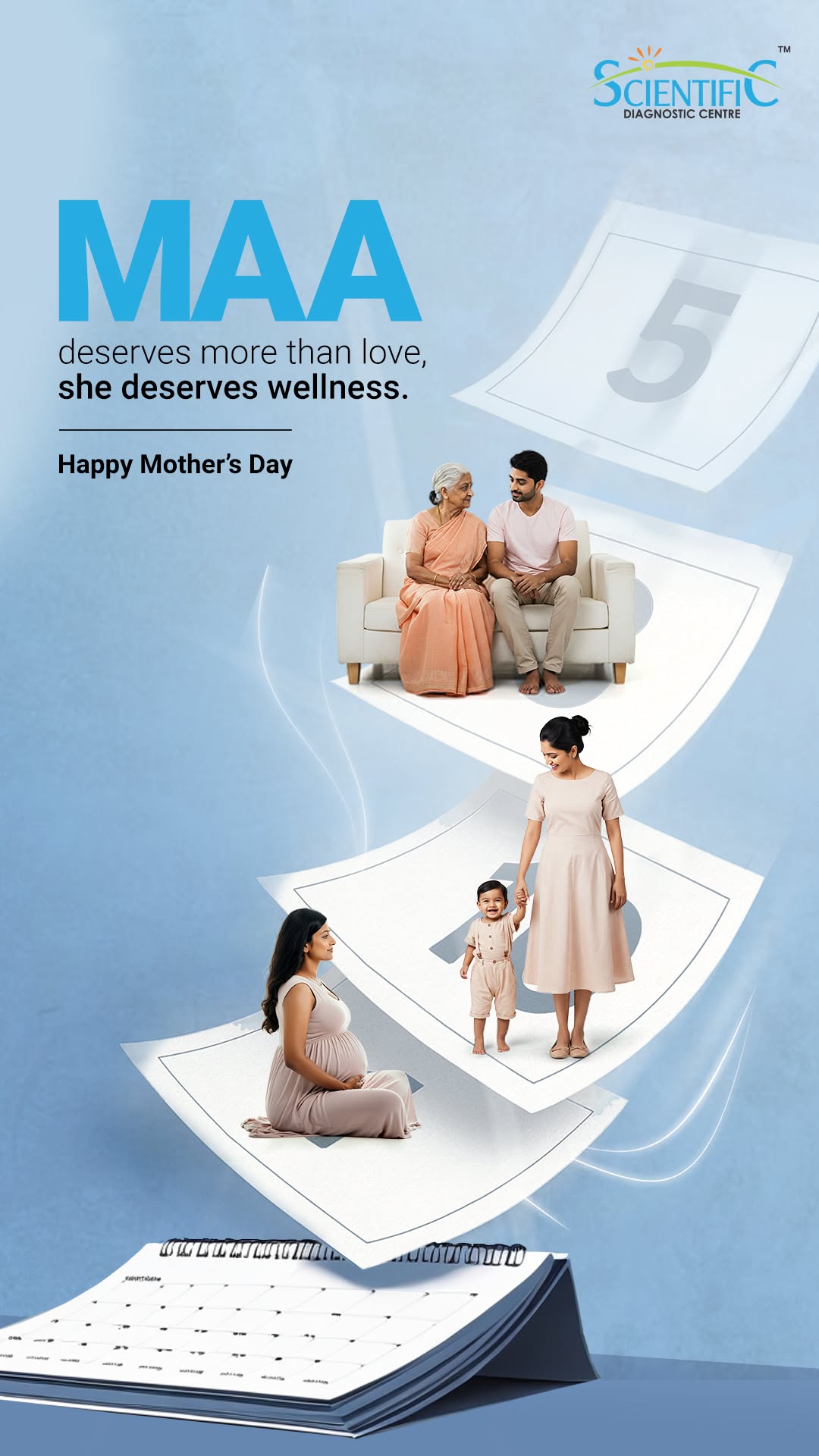 Calendar pages rising from a desk calendar, each carrying a stage of motherhood
