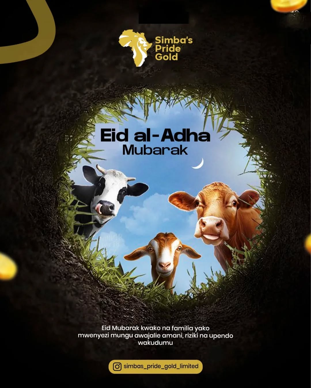 Two cows and a goat peering down into a hole, seen from below against a blue sky