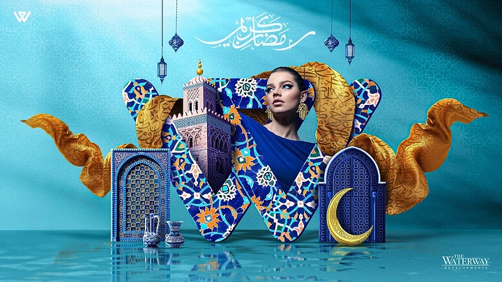 Ramadan creative ad: Giant brand letter W clad in blue Islamic tiles with a model, minaret, arched doors and crescent