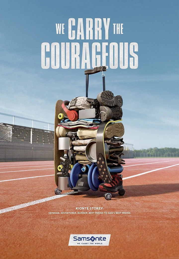 Creative ad: Rolling suitcase made of stacked personal gear on a running track
