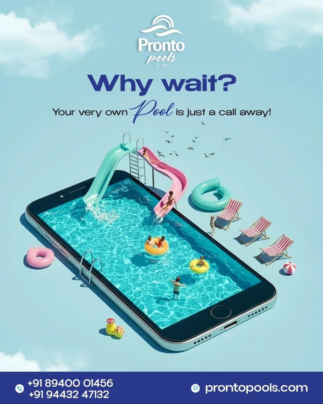 Carousel: Smartphone whose screen is a miniature swimming pool with slides and swimmers, slide 1