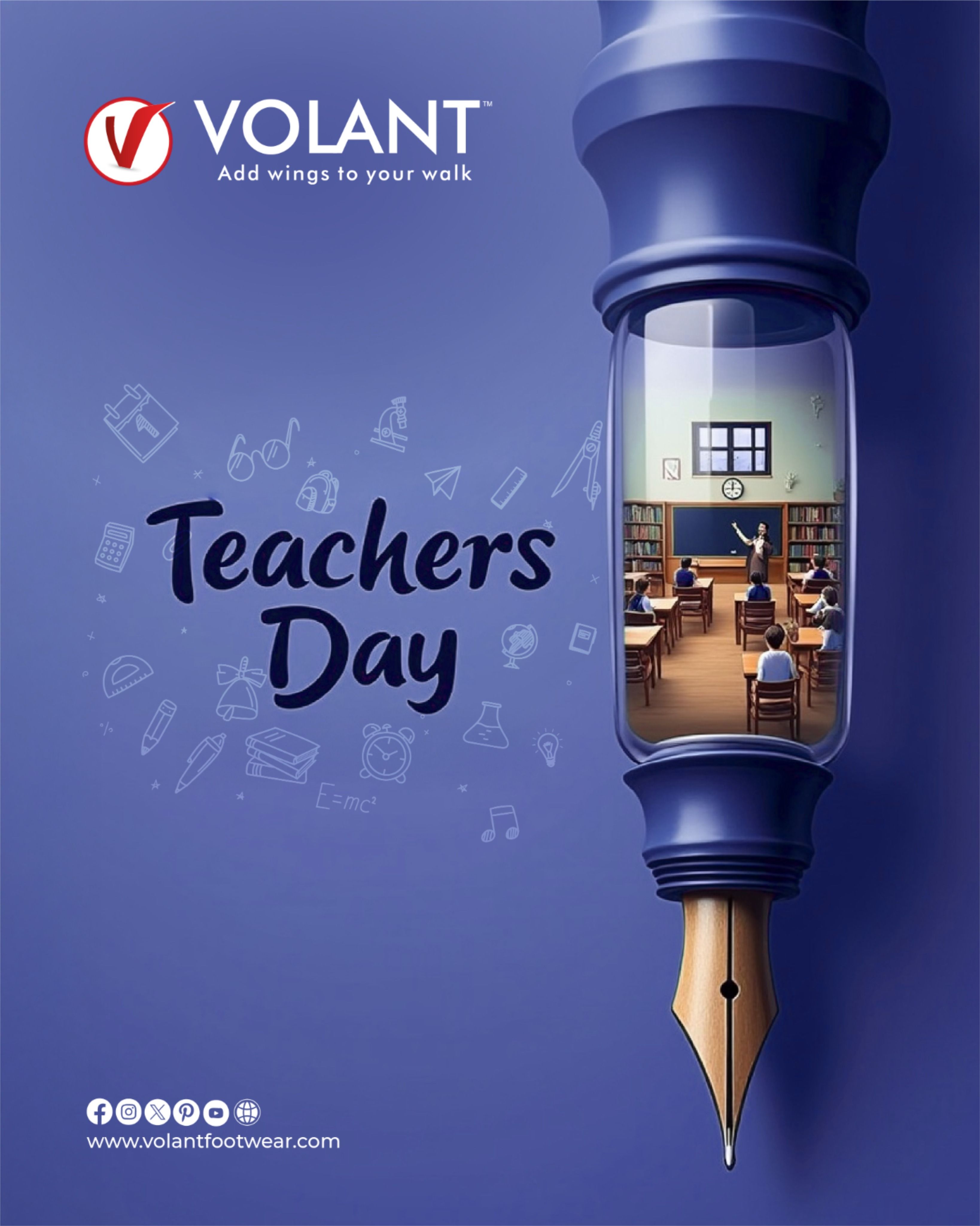Teachers Day Instagram post: Fountain pen with a transparent barrel containing a miniature classroom