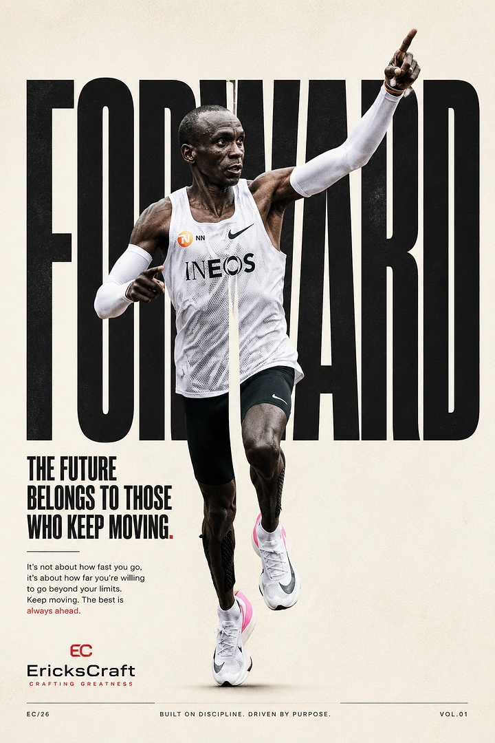 Sports creative ad: Marathon runner mid-stride pointing forward