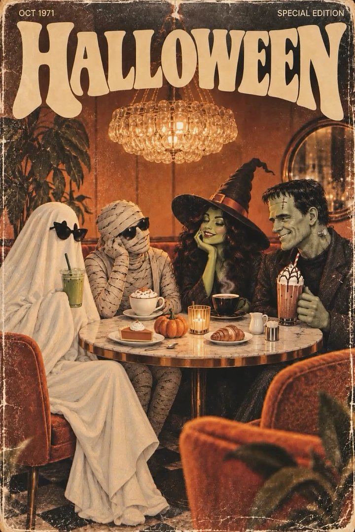 Halloween creative ad: Ghost, mummy, witch and Frankenstein having coffee at a retro café
