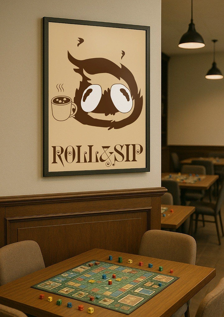 Board Games & Game Cafes creative ad: Whimsical owl coffee-and-games identity