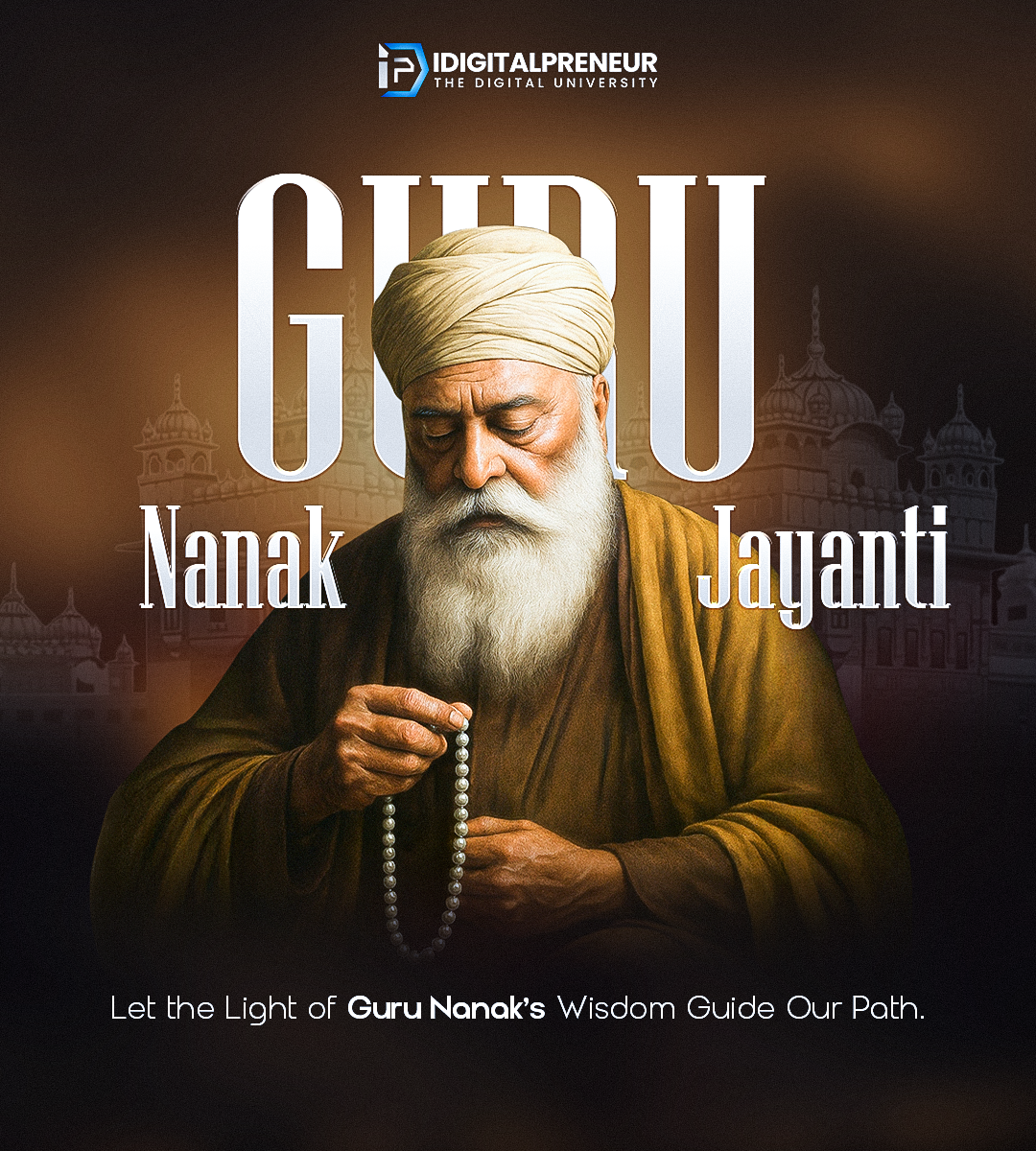 Painted portrait of Guru Nanak holding prayer beads