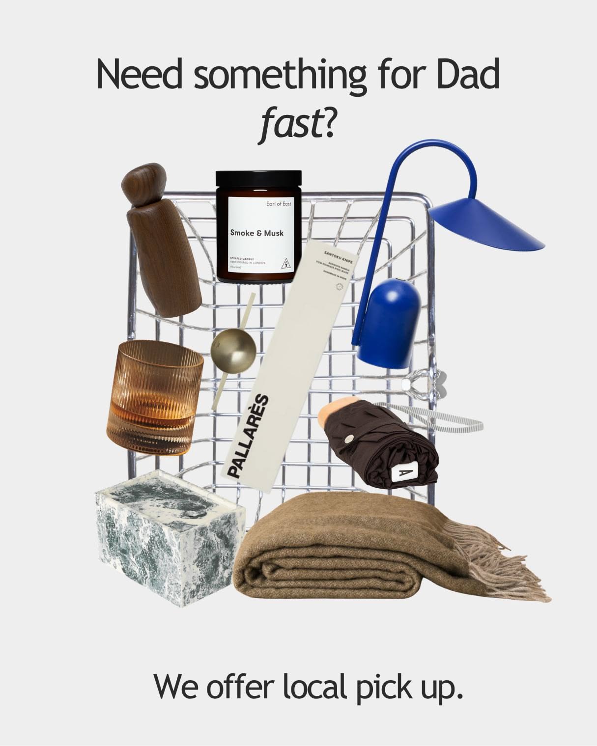 Father's Day Instagram post: Cut-out collage of gift products over a wire basket