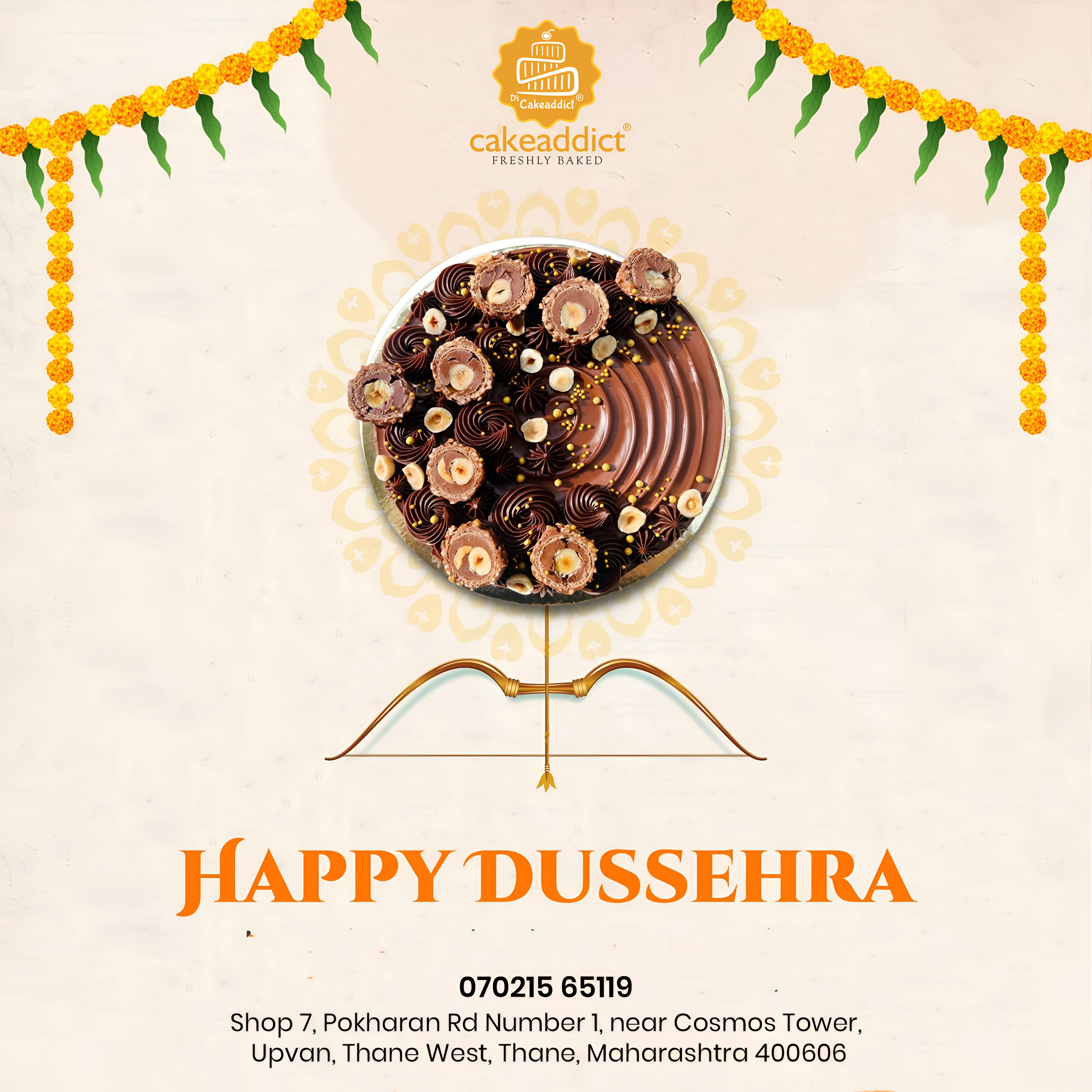 Dussehra Poster: Chocolate cake arranged as a bow-and-arrow centerpiece