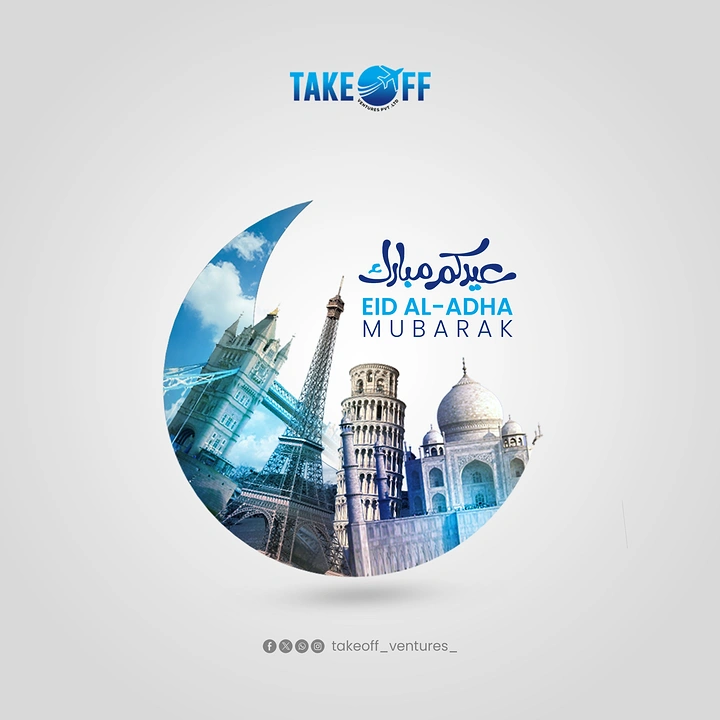Eid creative ad: Crescent filled with world landmarks collage