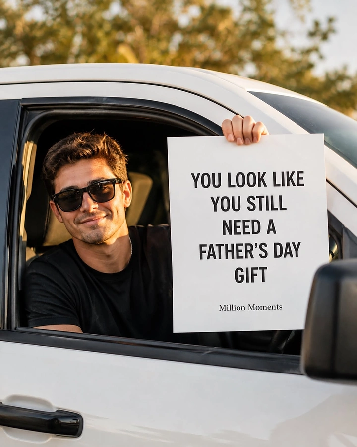 Father's Day creative ad: Witty handheld sign gift-nudge copy