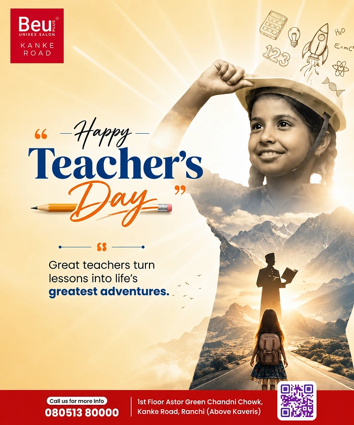 Teachers Day creative ad: Girl in a hard hat, double-exposed with a teacher and child on a mountain road