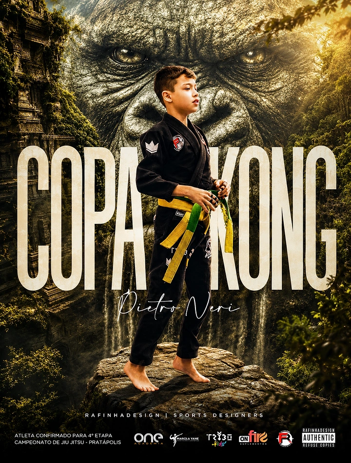 Martial Arts Academies creative ad: Young jiu-jitsu athlete in black gi on a cliff with a giant ape behind