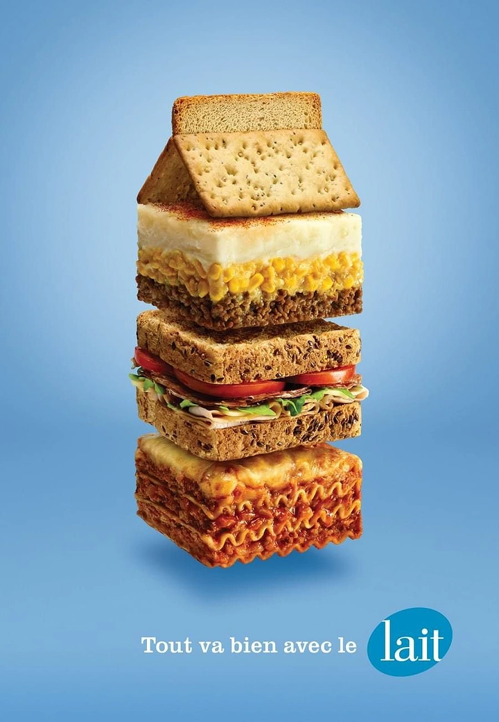 Dairy Brands creative ad: Stacked foods forming a milk carton shape