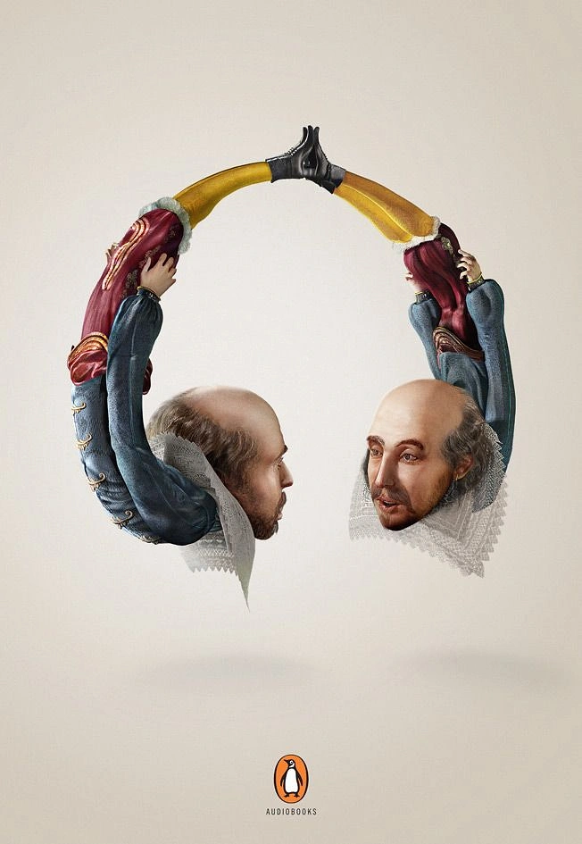 Bookstores creative ad: Shakespeare busts form audiobook headphones