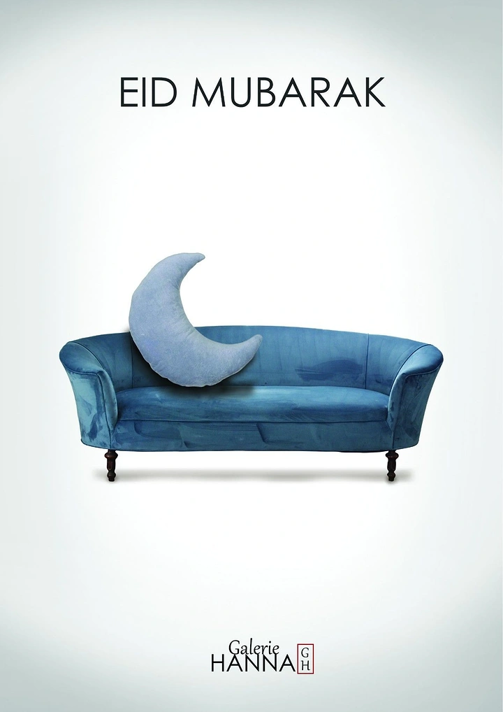 Eid creative ad: Blue velvet sofa with a crescent-moon cushion