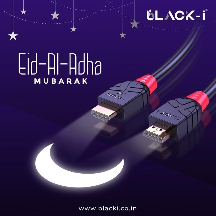 Eid creative ad: Two HDMI cable connectors beside a glowing crescent moon