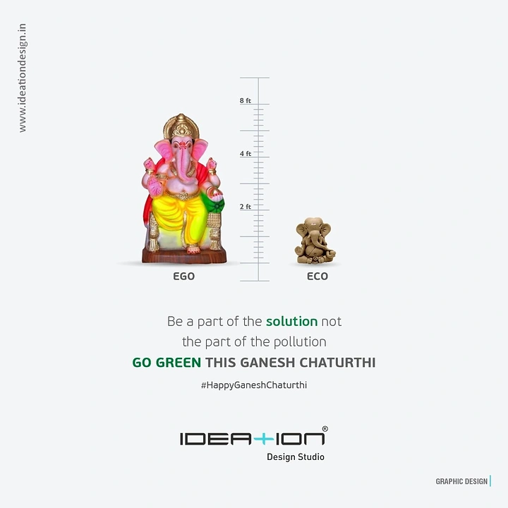 Ganesh Chaturthi creative ad: Large painted Ganesha idol vs small clay idol beside a height ruler