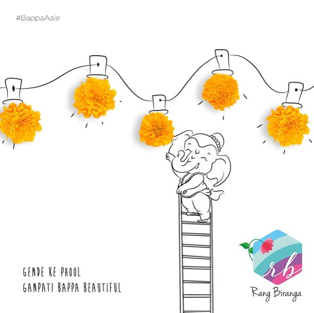 Ganesh Chaturthi creative ad: Line-drawn baby Ganesha on a ladder hanging marigold bulbs