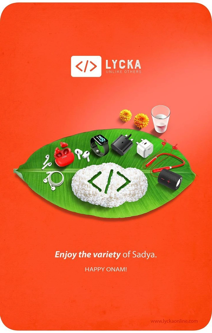 Onam creative ad: Gadgets arranged as an Onam sadya on a banana leaf, with rice shaped into a code logo
