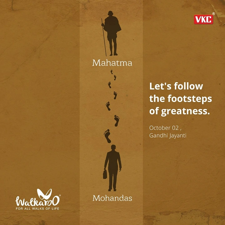 Gandhi Jayanti creative ad: Footprint trail linking young lawyer silhouette to Mahatma silhouette