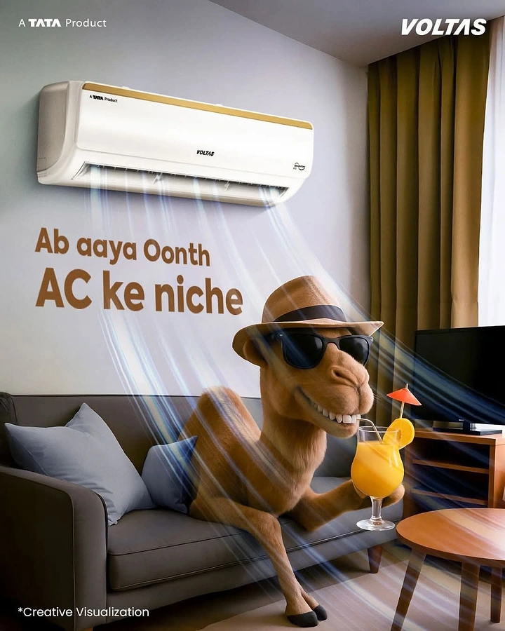 Home Appliances creative ad: Camel in hat and sunglasses lounging under an AC