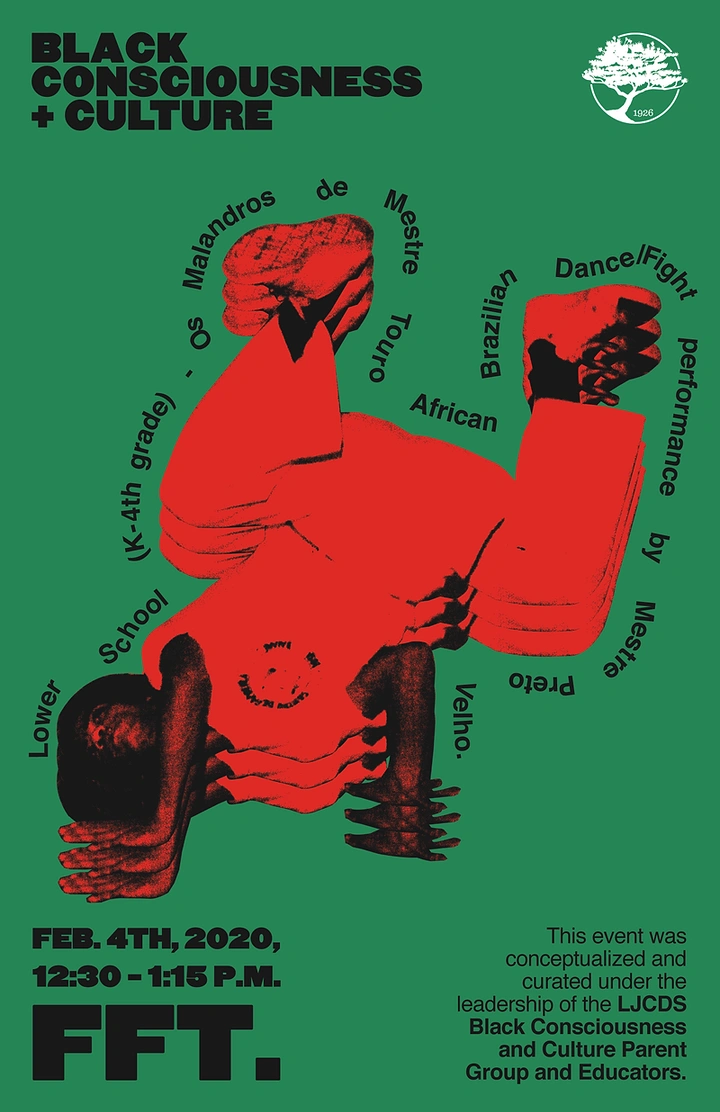 Creative ad: Upside-down capoeira dancer rendered in red duotone with echoed limbs