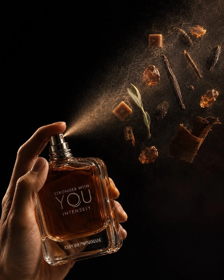 Creative ad: Hand spraying an amber perfume bottle with scent notes exploding in the mist