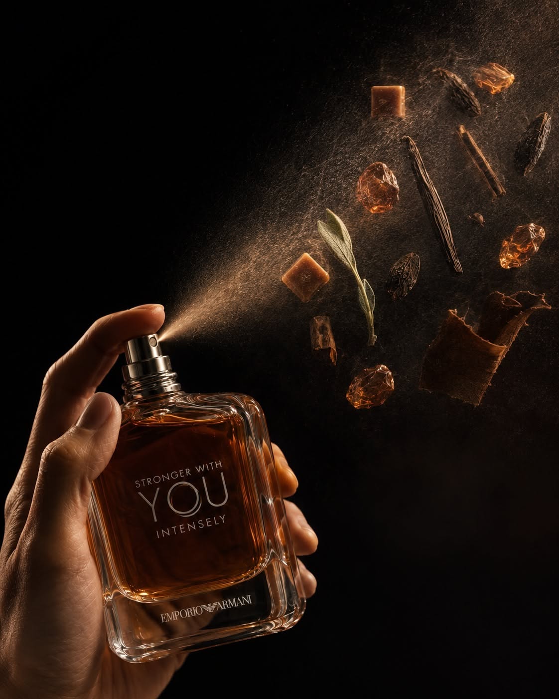 Instagram post: Hand spraying an amber perfume bottle with scent notes exploding in the mist