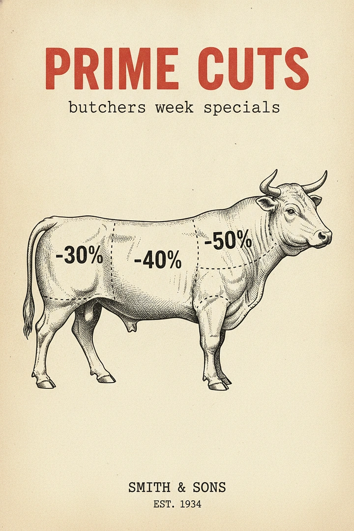 Meat & Seafood Shops creative ad: Discounts mapped onto illustrated cow anatomy