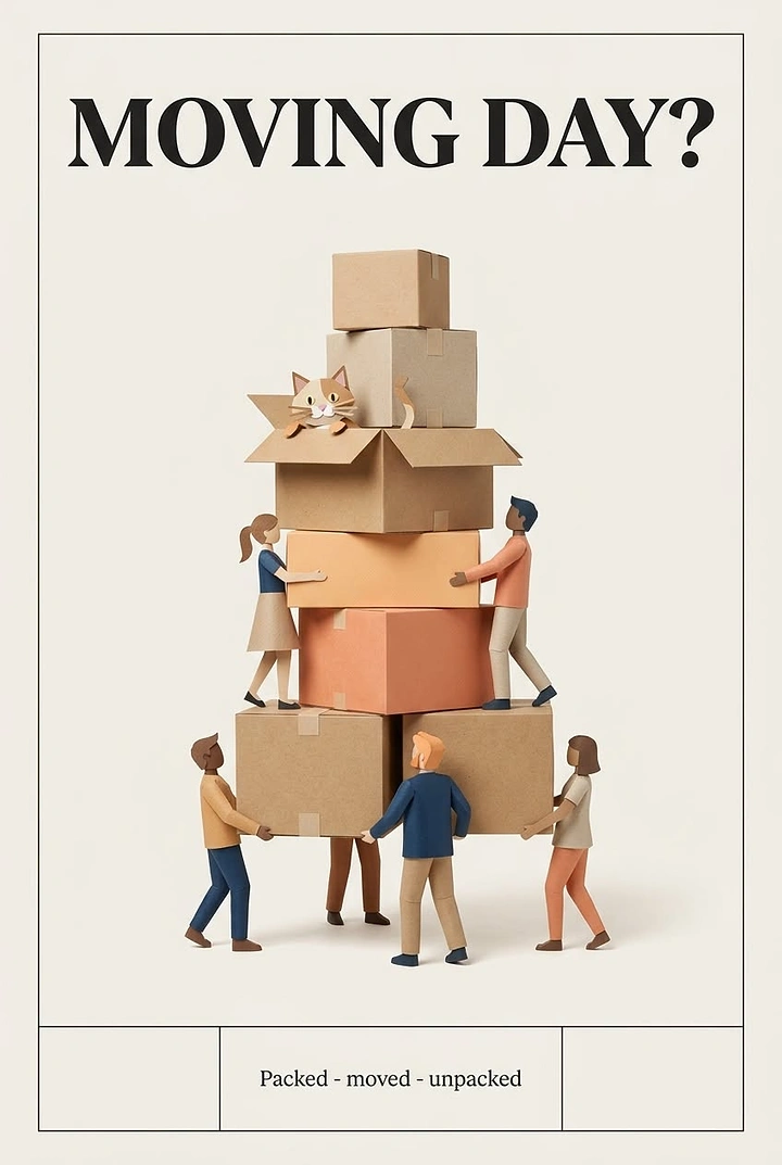 Movers & Packers creative ad: Team lifting a tower of boxes, editorial