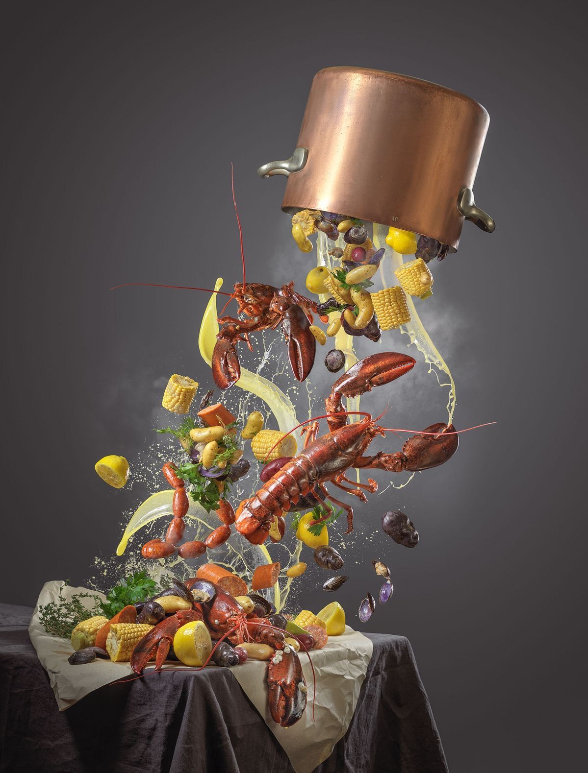 Instagram post: Seafood boil pouring out of a floating copper pot