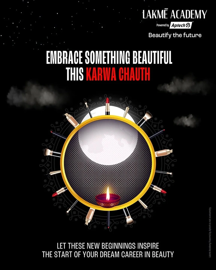 Karwa Chauth creative ad: Gold sieve over the moon ringed by radiating makeup brushes and lipsticks