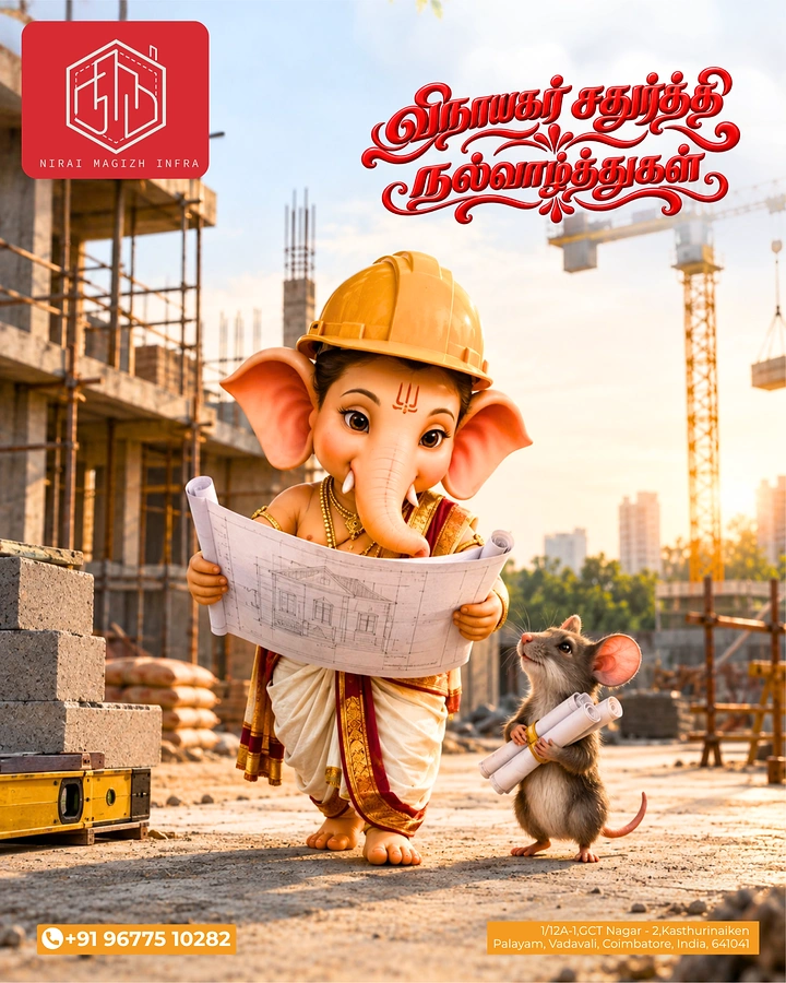 Ganesh Chaturthi creative ad: Cute 3D baby Ganesha in a yellow hard hat reading a house blueprint on a construction site