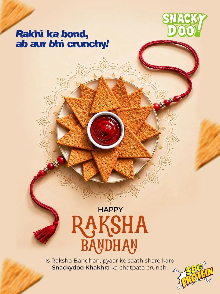 Raksha Bandhan creative ad: Triangular khakhra chips in a star arrangement around ketchup, circled by a red rakhi