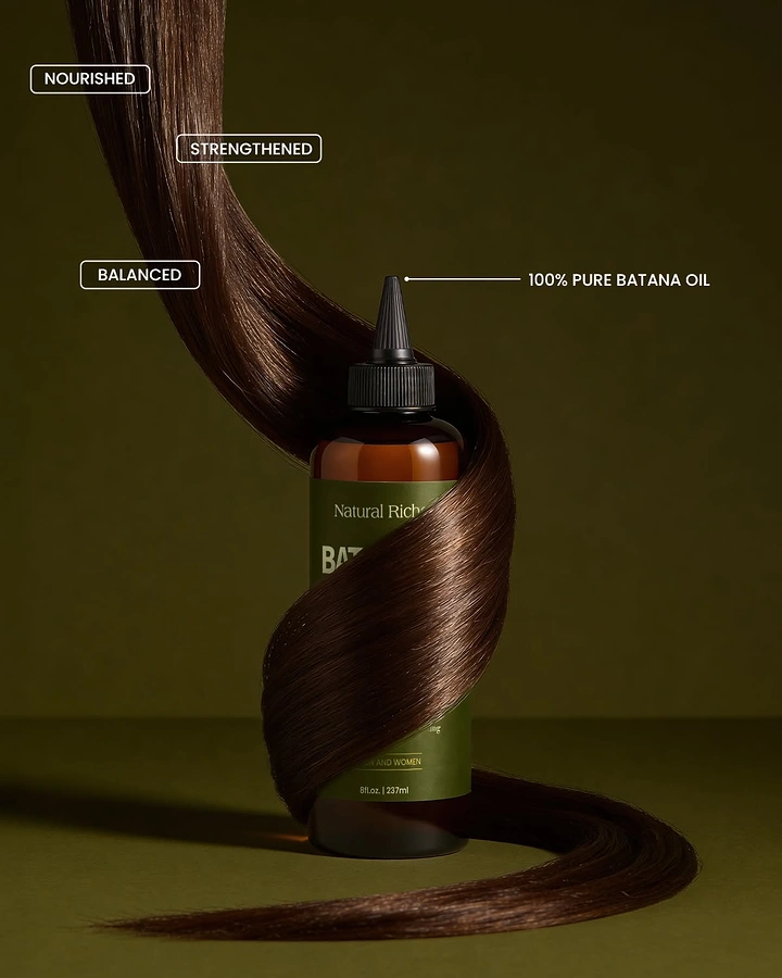 Beauty & Salon creative ad: Amber hair oil bottle wrapped in a sweeping strand of glossy brown hair