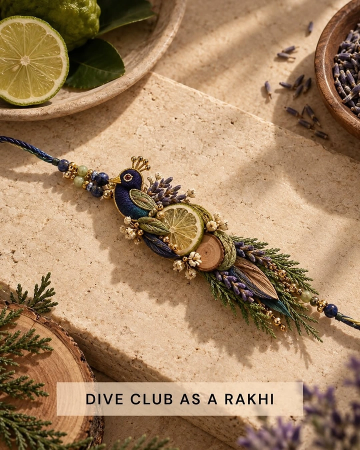 Raksha Bandhan creative ad: Peacock rakhi made from lime, lavender and cypress, like a drink's ingredients
