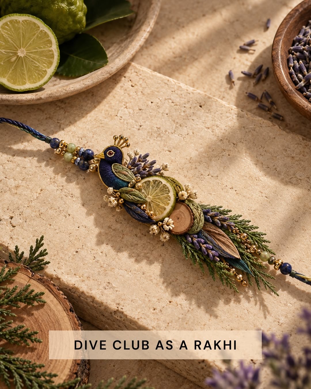 Peacock rakhi made from lime, lavender and cypress, like a drink's ingredients