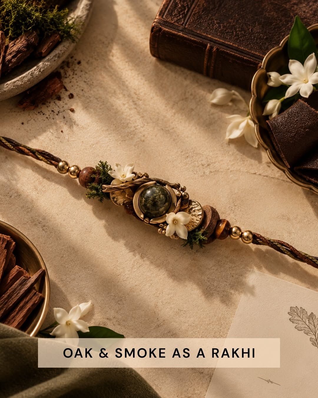 Peacock rakhi made from lime, lavender and cypress, like a drink's ingredients
