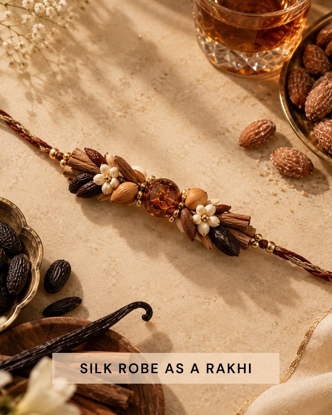 Peacock rakhi made from lime, lavender and cypress, like a drink's ingredients