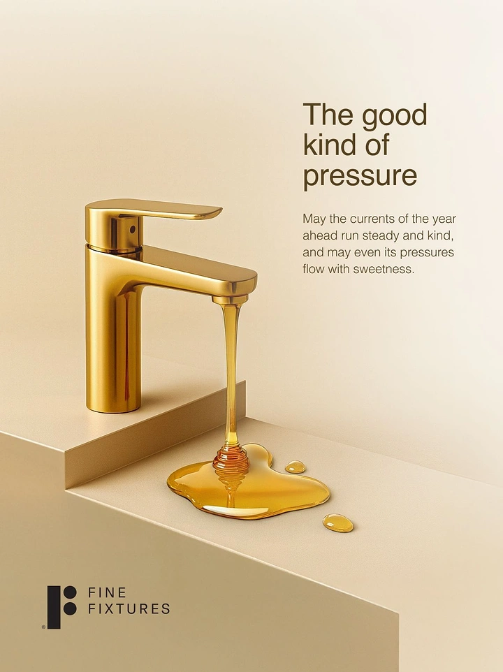 other-festival creative ad: Gold basin faucet pouring honey onto a beige plinth