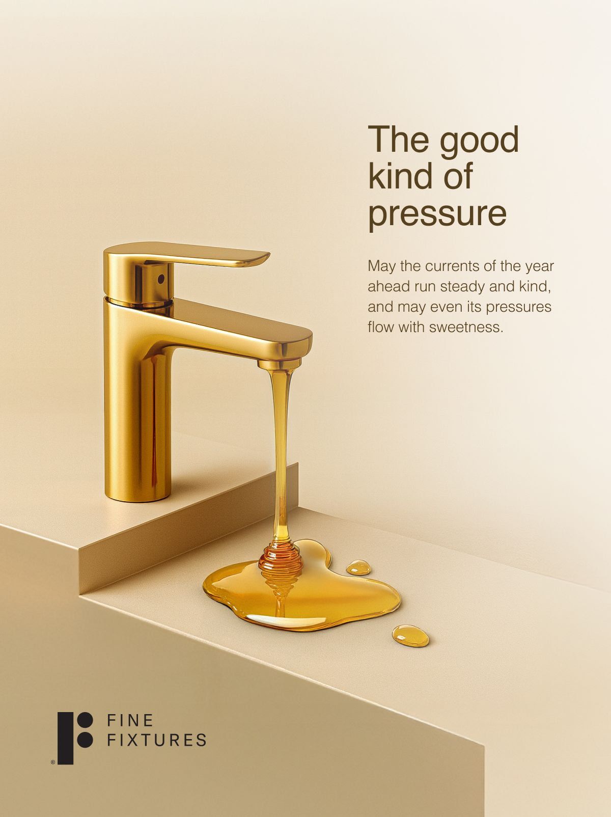 other-festival Instagram post: Gold basin faucet pouring honey onto a beige plinth