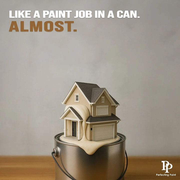 House Painters creative ad: Miniature house covered in beige paint dripping over a paint can