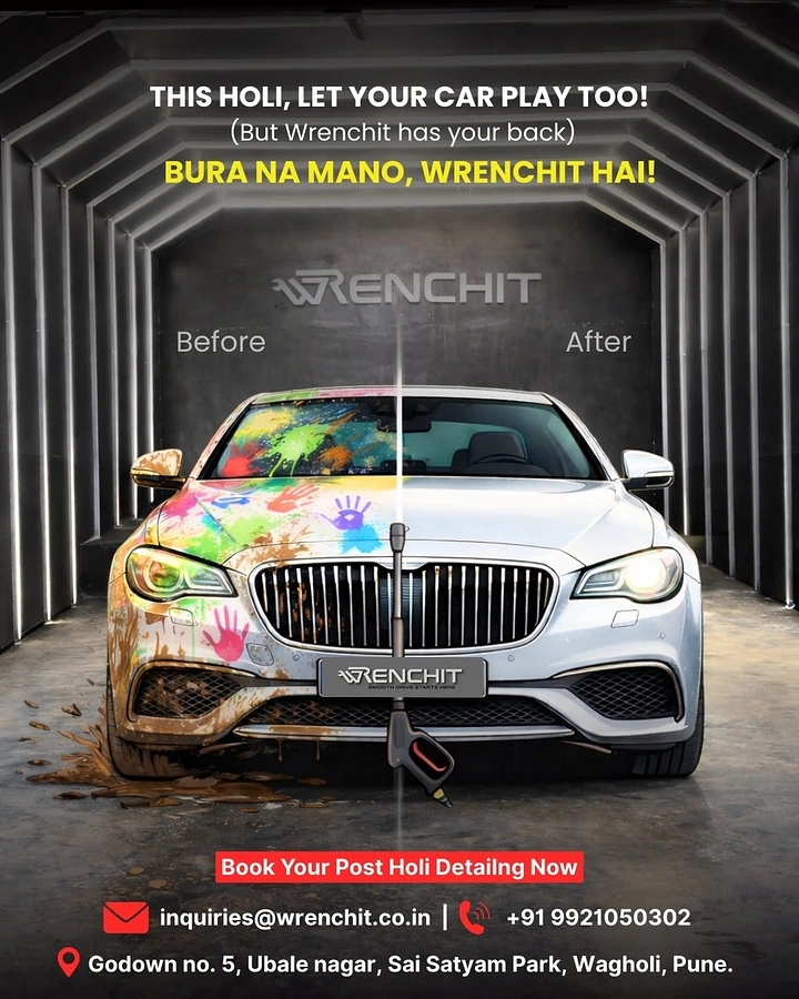 Holi creative ad: Before/after Holi-stained car, detailing pun